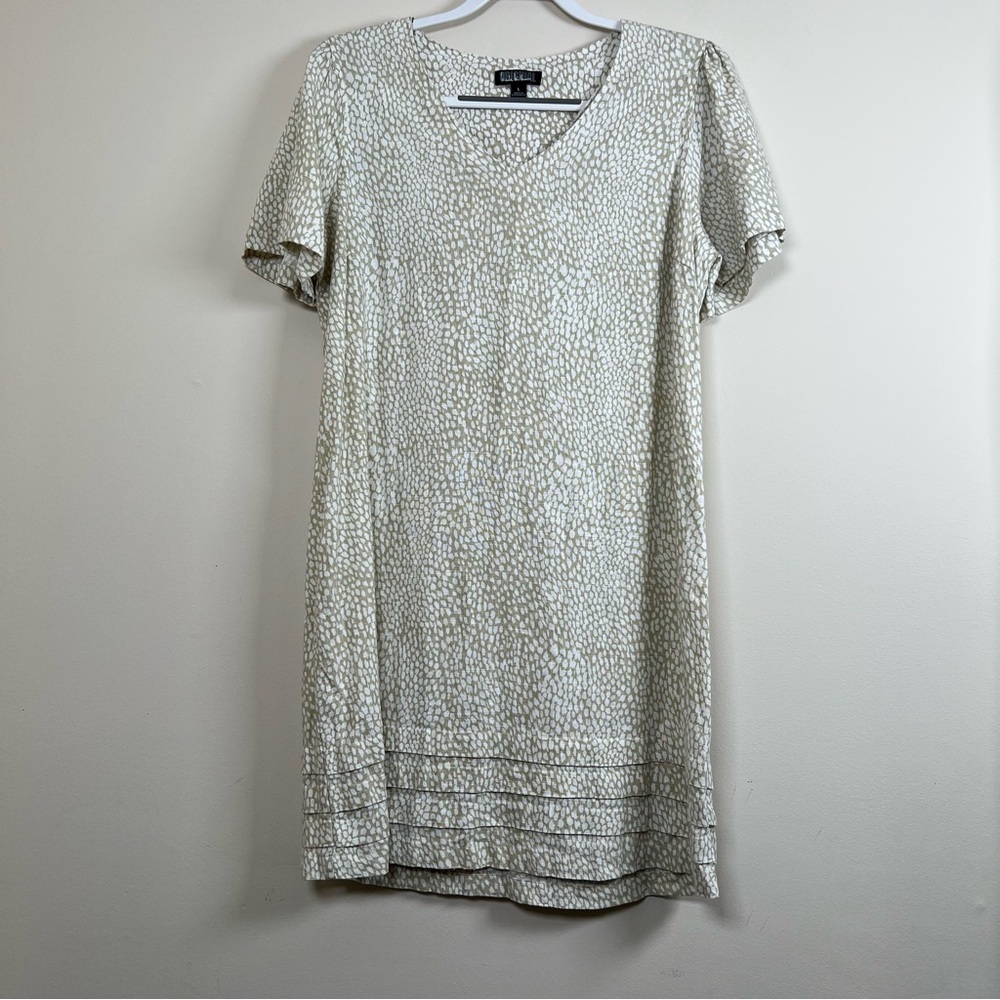 Nicole Miller Shirt Dress Linen Blend Tan Animal Print Short Sleeve V Neck Large